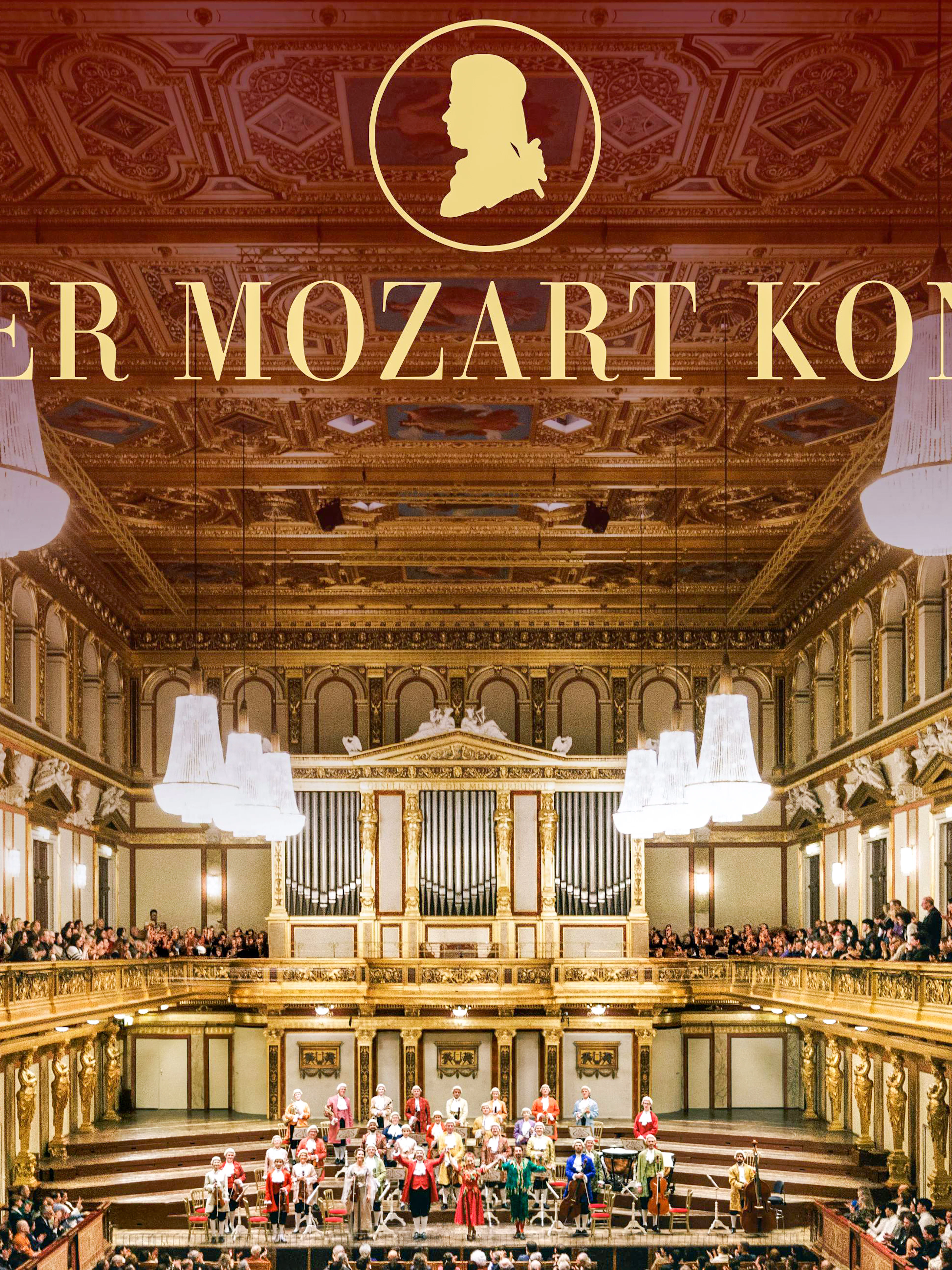 Vienna concert hall with orchestra performing Mozart concert.