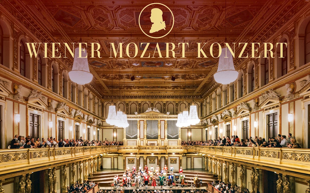 Vienna concert hall with orchestra performing Mozart concert.
