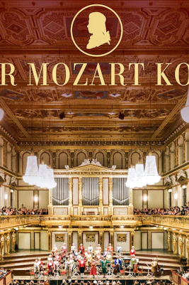 Vienna concert hall with orchestra performing Mozart concert.