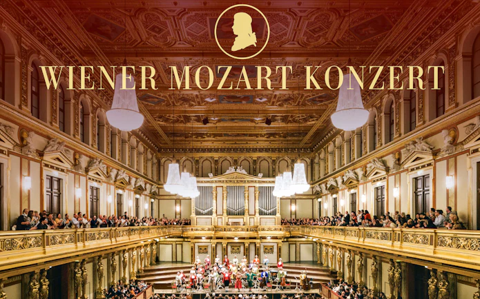 Vienna concert hall with orchestra performing Mozart concert.