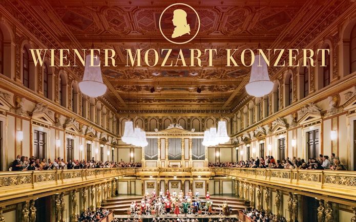 Vienna concert hall with orchestra performing Mozart concert.