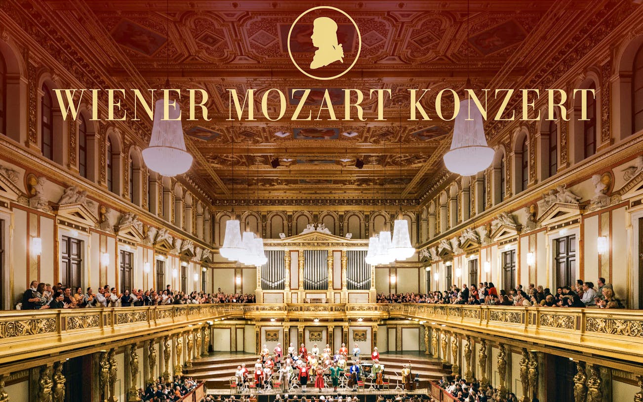 Vienna concert hall with orchestra performing Mozart concert.