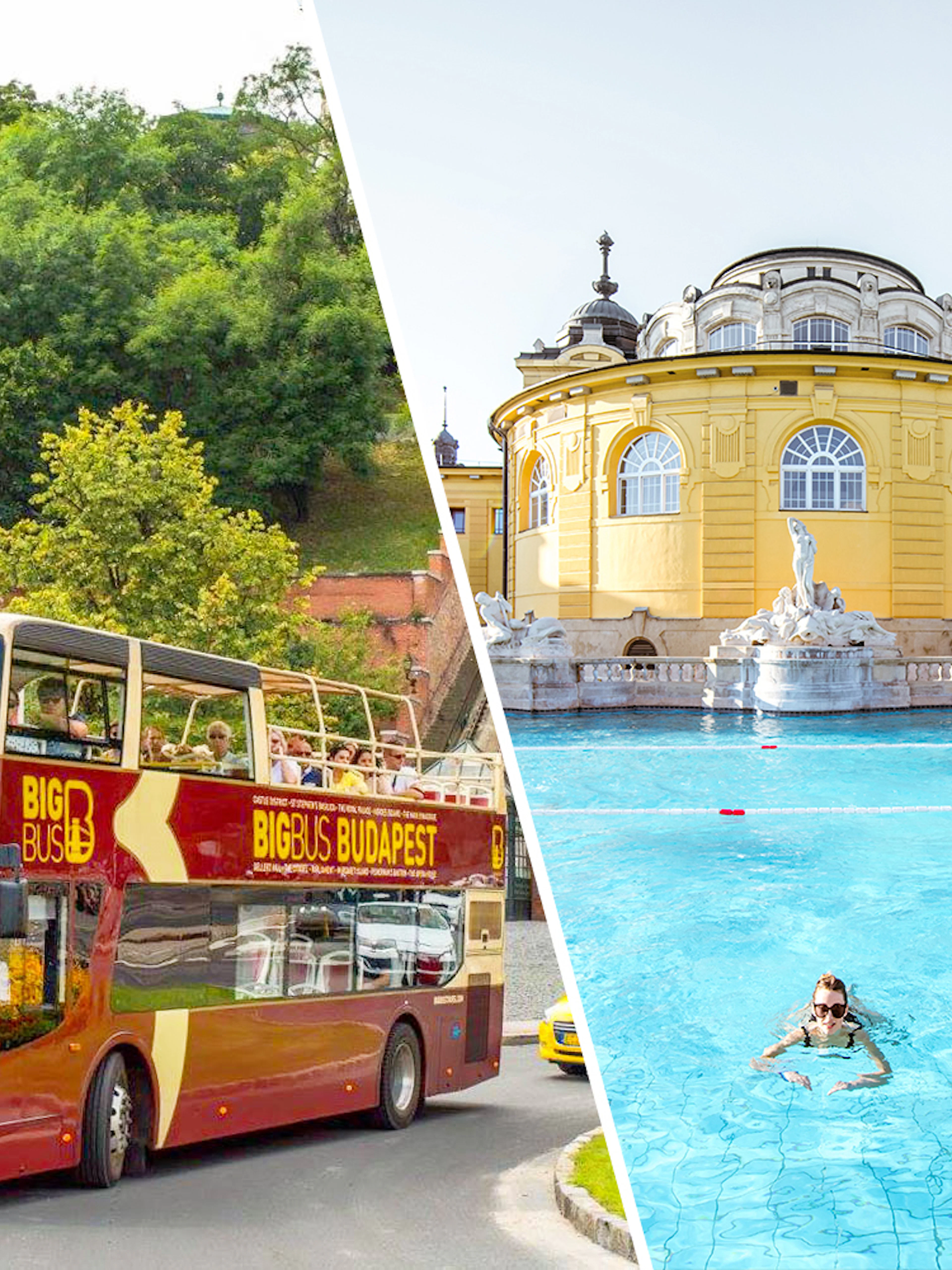 Open-top tour bus in Budapest and Széchenyi Thermal Bath.