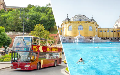 Open-top tour bus in Budapest and Széchenyi Thermal Bath.