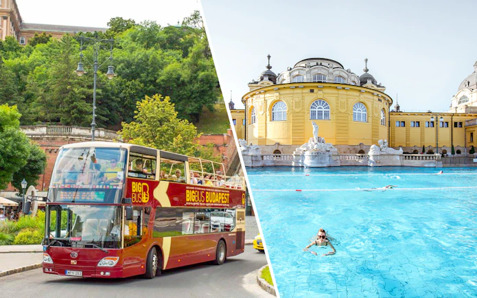 Open-top tour bus in Budapest and Széchenyi Thermal Bath.