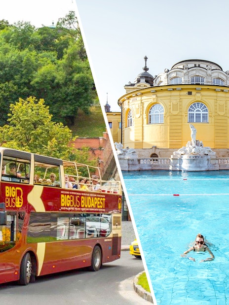 Open-top tour bus in Budapest and Széchenyi Thermal Bath.
