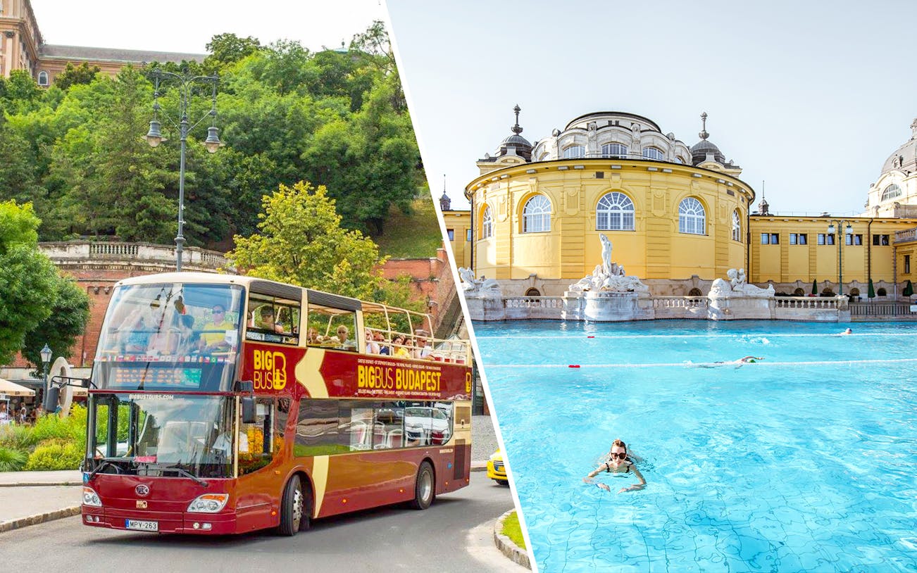 Open-top tour bus in Budapest and Széchenyi Thermal Bath.