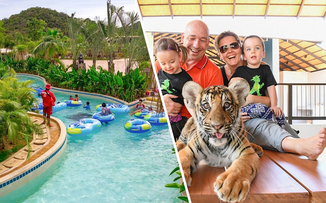 Visitors enjoying a lazy river ride and a family with a tiger cub at Ramayana Water Park.