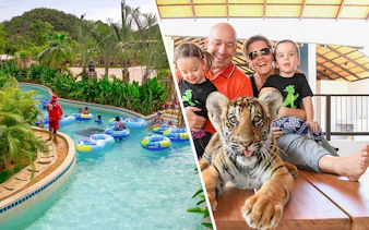 Visitors enjoying a lazy river ride and a family with a tiger cub at Ramayana Water Park.