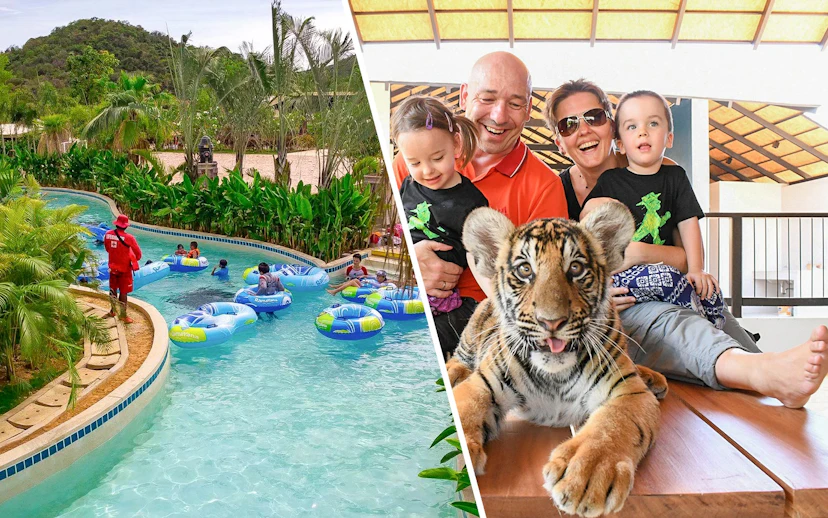 Visitors enjoying a lazy river ride and a family with a tiger cub at Ramayana Water Park.