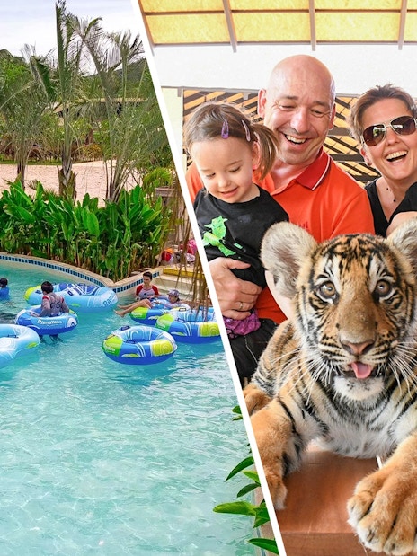 Visitors enjoying a lazy river ride and a family with a tiger cub at Ramayana Water Park.