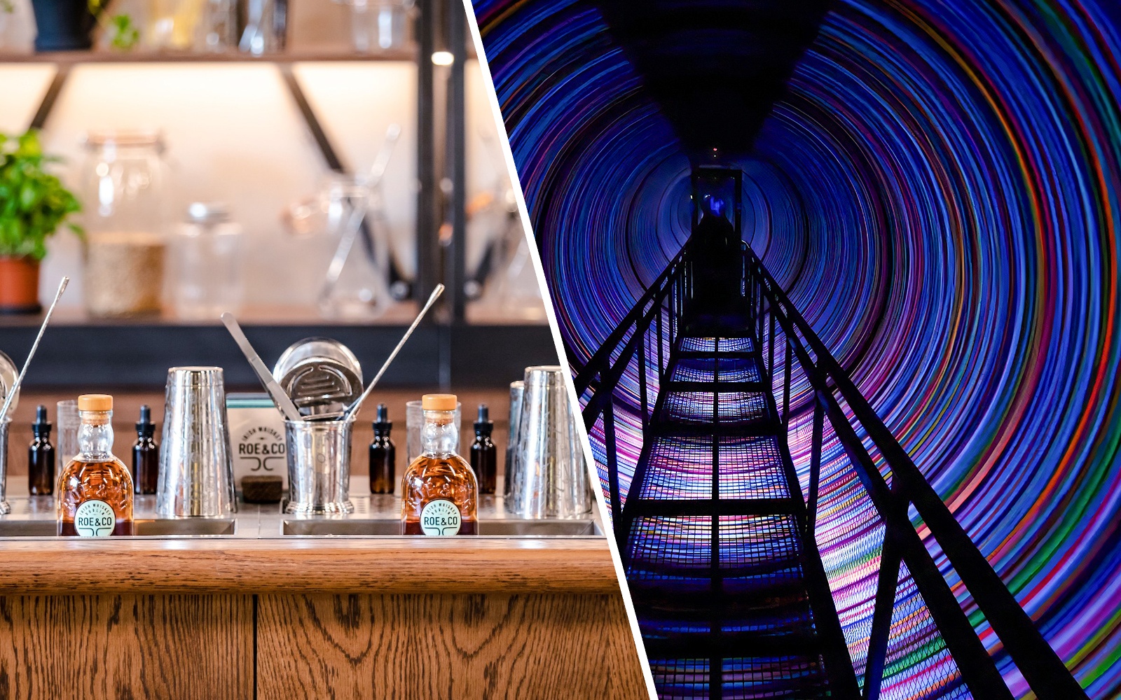 Roe & Co Distillery bar setup and colorful tunnel at World of Illusion.