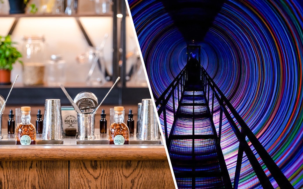 Roe & Co Distillery bar setup and colorful tunnel at World of Illusion.