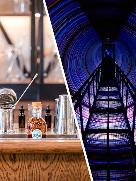 Roe & Co Distillery bar setup and colorful tunnel at World of Illusion.