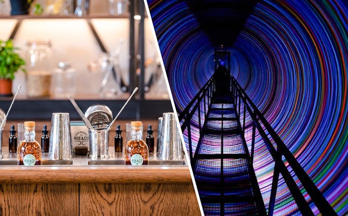 Roe & Co Distillery bar setup and colorful tunnel at World of Illusion.