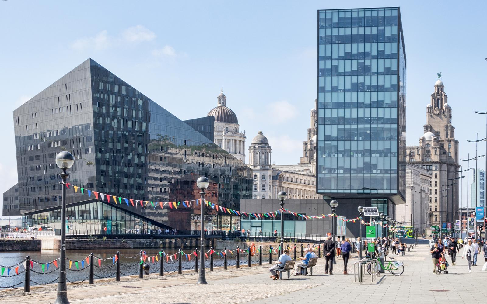 Royal Albert Dock Liverpool with modern and historic buildings on city tour route.