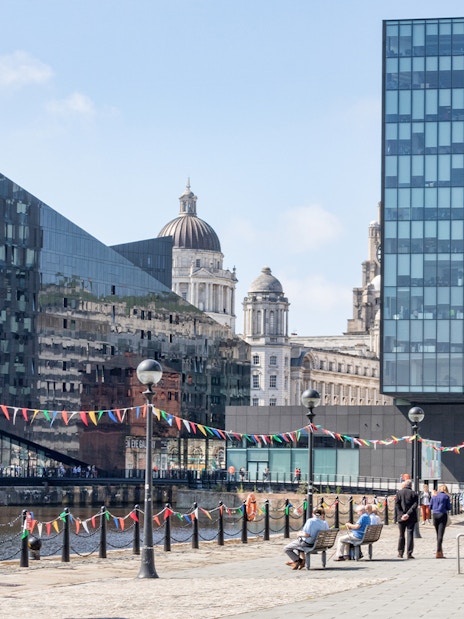Royal Albert Dock Liverpool with modern and historic buildings on city tour route.