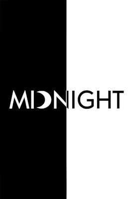 Midnight show poster with black and white design featuring crescent moon in text