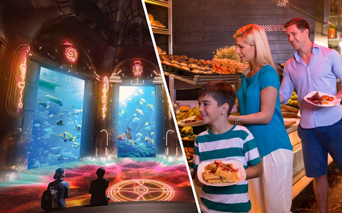 Visitors enjoying marine life at The Lost World Aquarium and dining at a buffet.