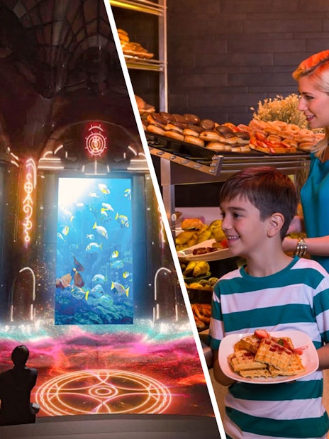 Visitors enjoying marine life at The Lost World Aquarium and dining at a buffet.