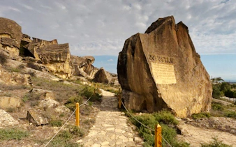 Gobustan National Park rock formations and ancient petroglyphs, Baku.