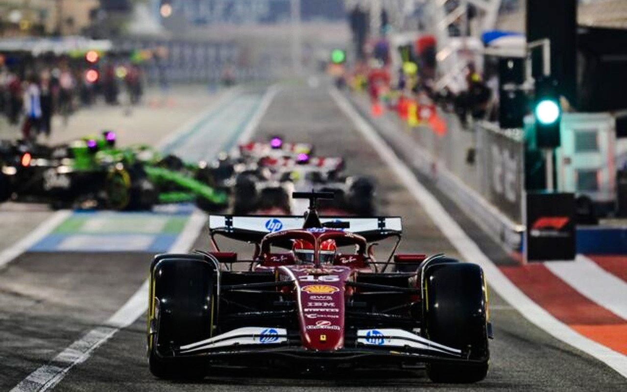 Race cars on the track at Formula 1 Bahrain Grand Prix.
