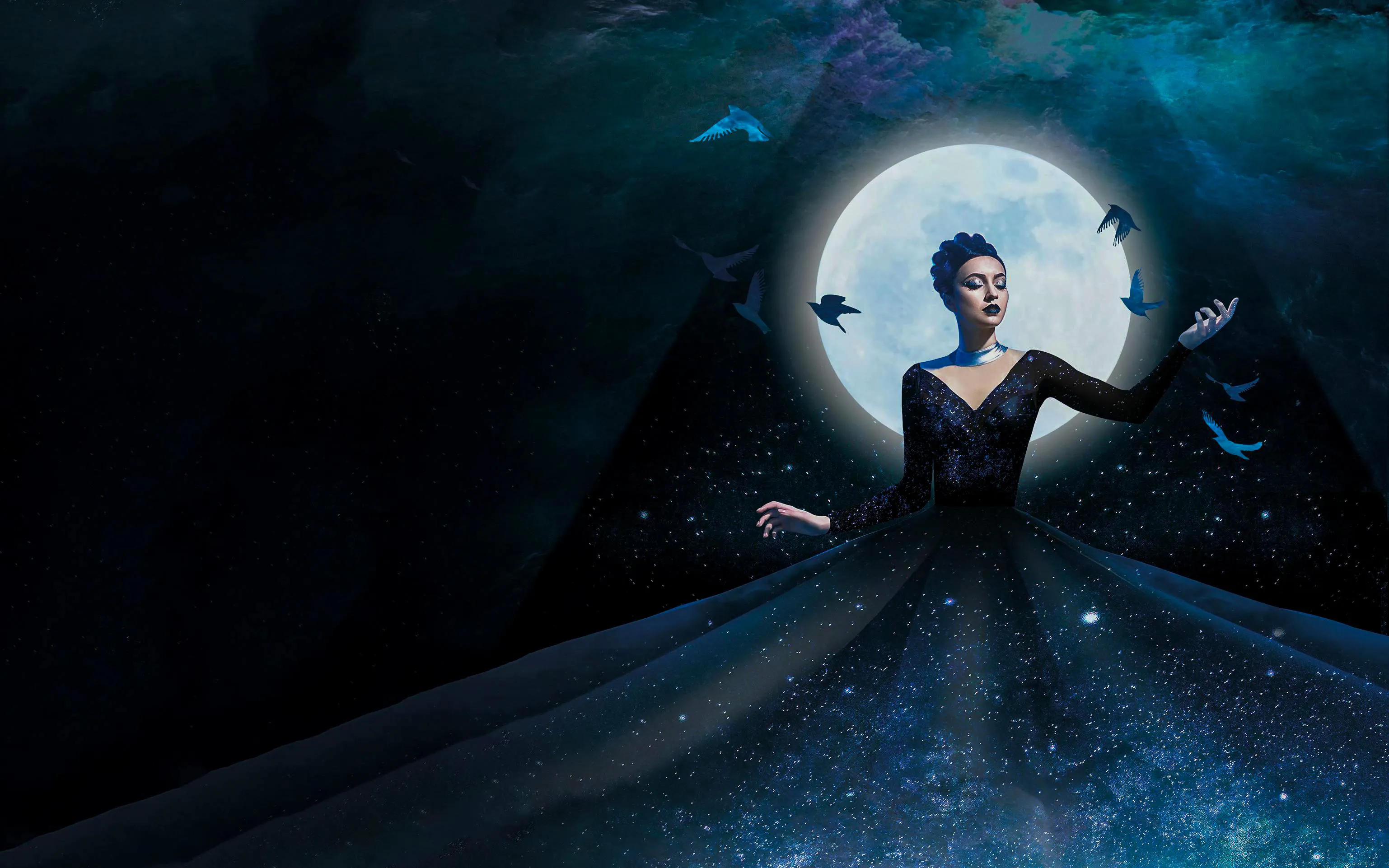 Opera performer in a starry dress with birds and full moon, The Magic Flute.
