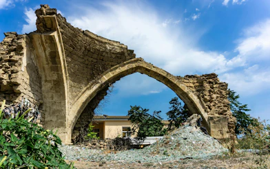 Ruins of ancient Christian Albanian church, Childag, with glass shards, Buzovna, Azerbaijan.