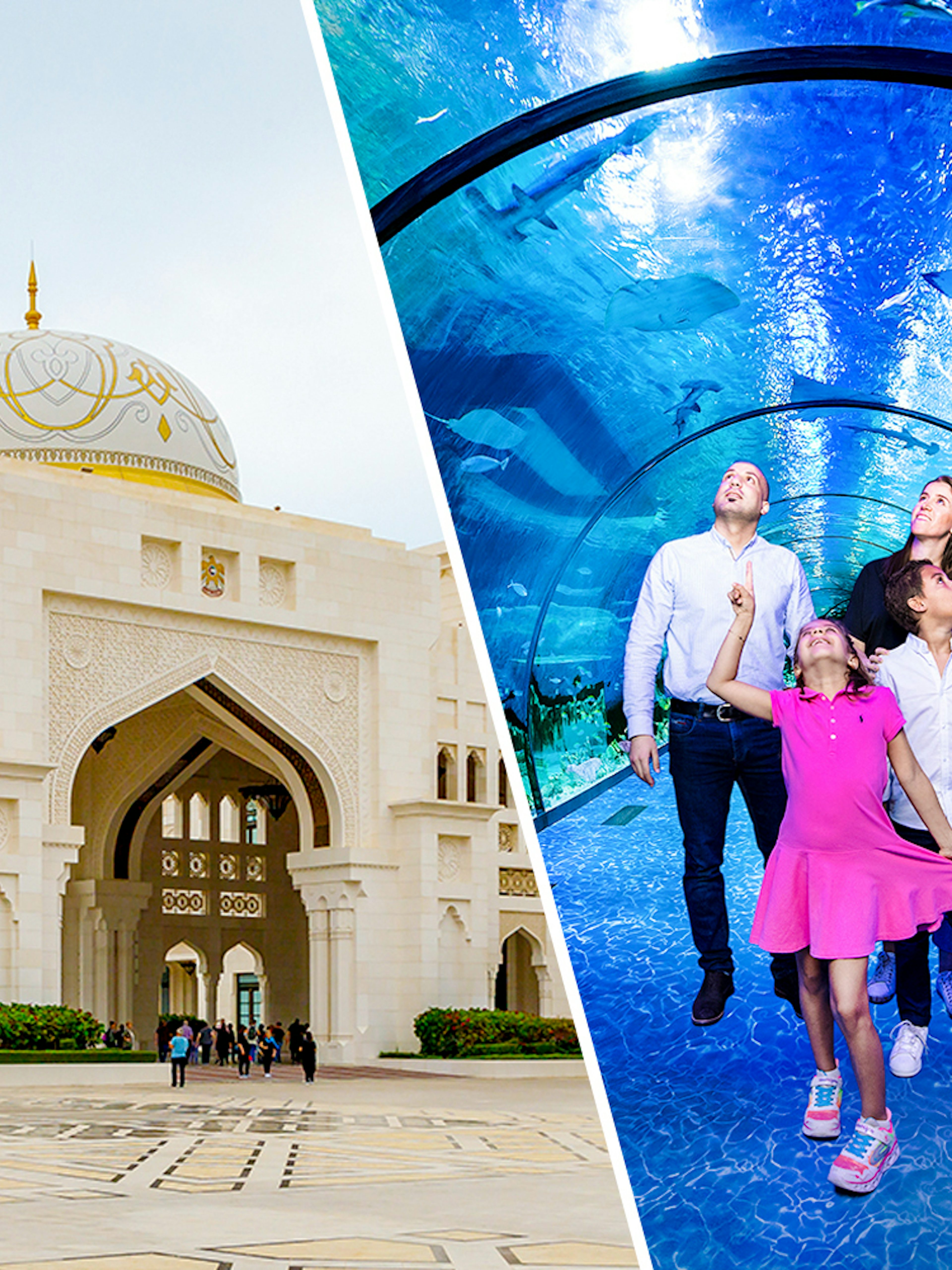 Qasr Al Watan exterior and family in underwater tunnel at National Aquarium Abu Dhabi.