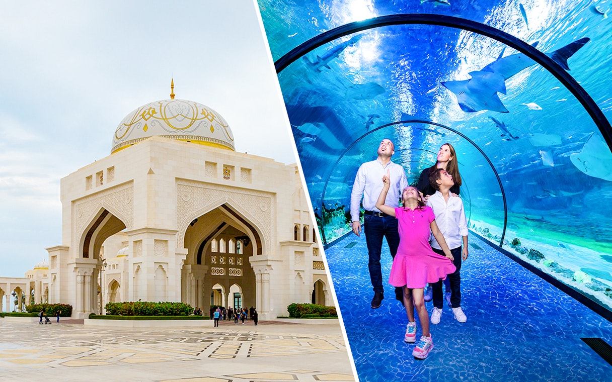 Qasr Al Watan exterior and family in underwater tunnel at National Aquarium Abu Dhabi.
