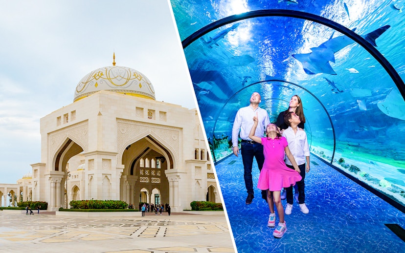 Qasr Al Watan exterior and family in underwater tunnel at National Aquarium Abu Dhabi.