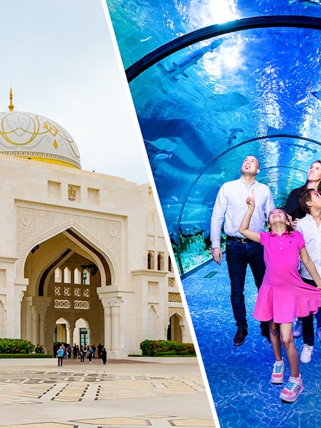 Qasr Al Watan exterior and family in underwater tunnel at National Aquarium Abu Dhabi.