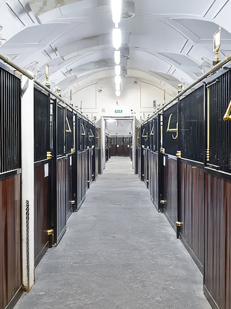 Stallburg Imperial Stables interior with rows of horse stalls in Vienna.