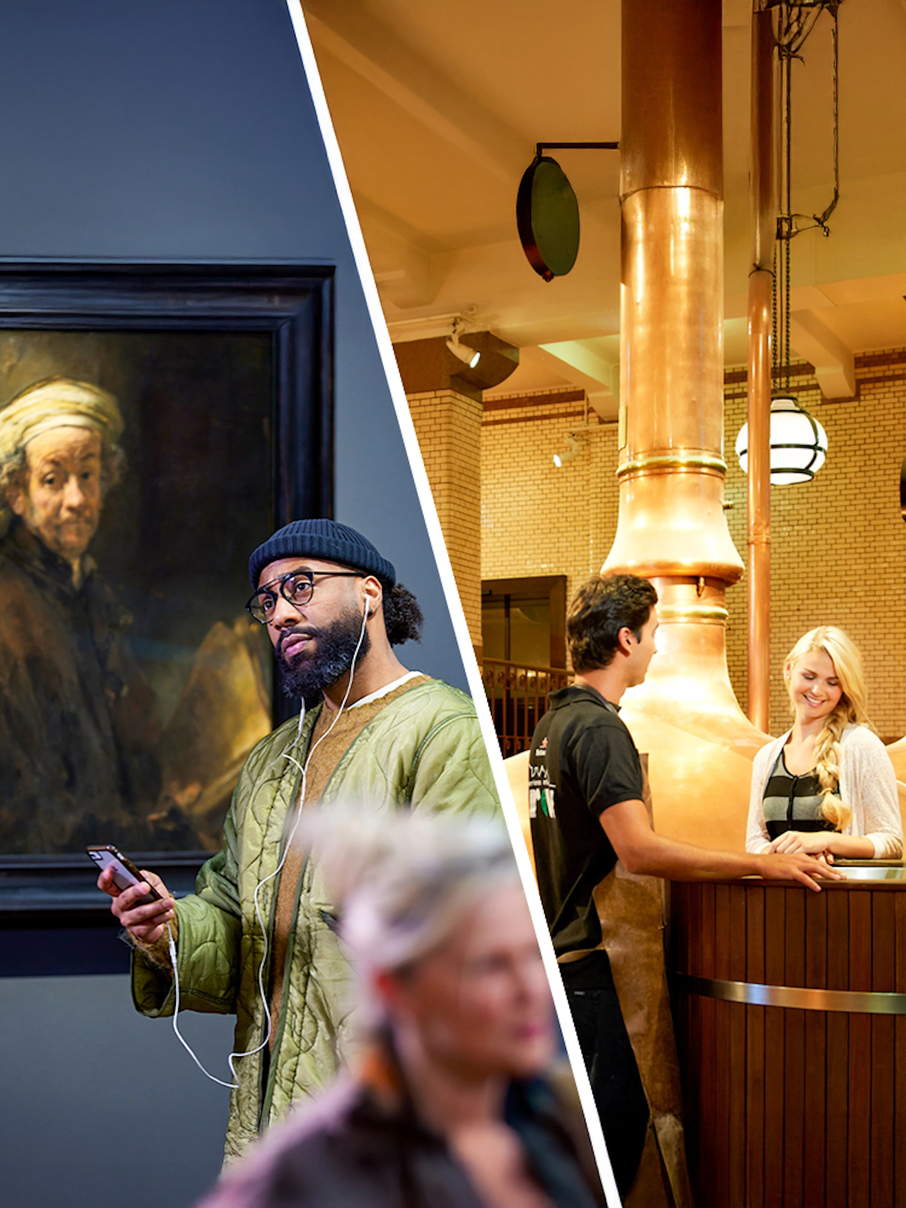 Visitors viewing Rembrandt's "Self-portrait as the Apostle Paul" and a brewery tour with copper vats.