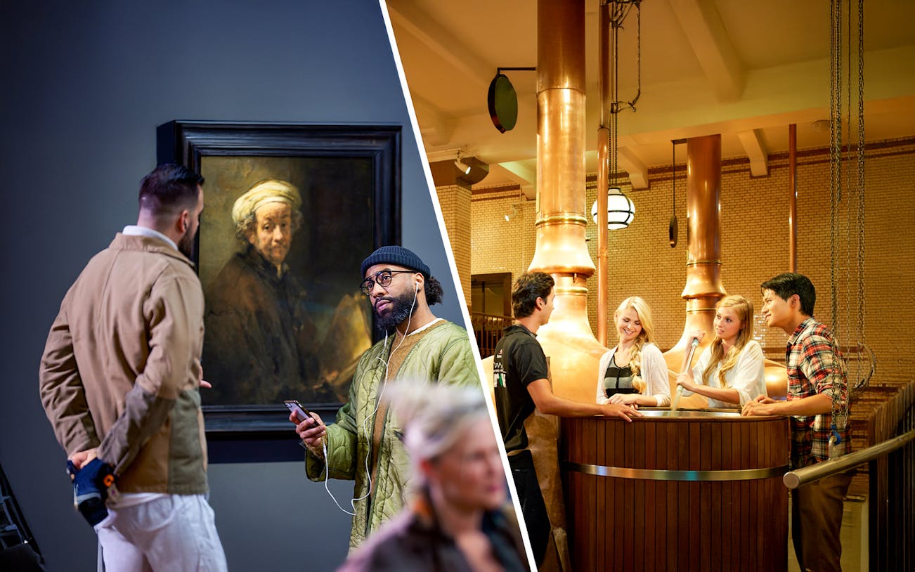 Visitors viewing Rembrandt's "Self-portrait as the Apostle Paul" and a brewery tour with copper vats.