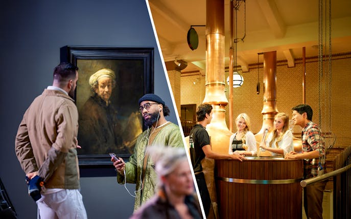 Visitors viewing Rembrandt's "Self-portrait as the Apostle Paul" and a brewery tour with copper vats.