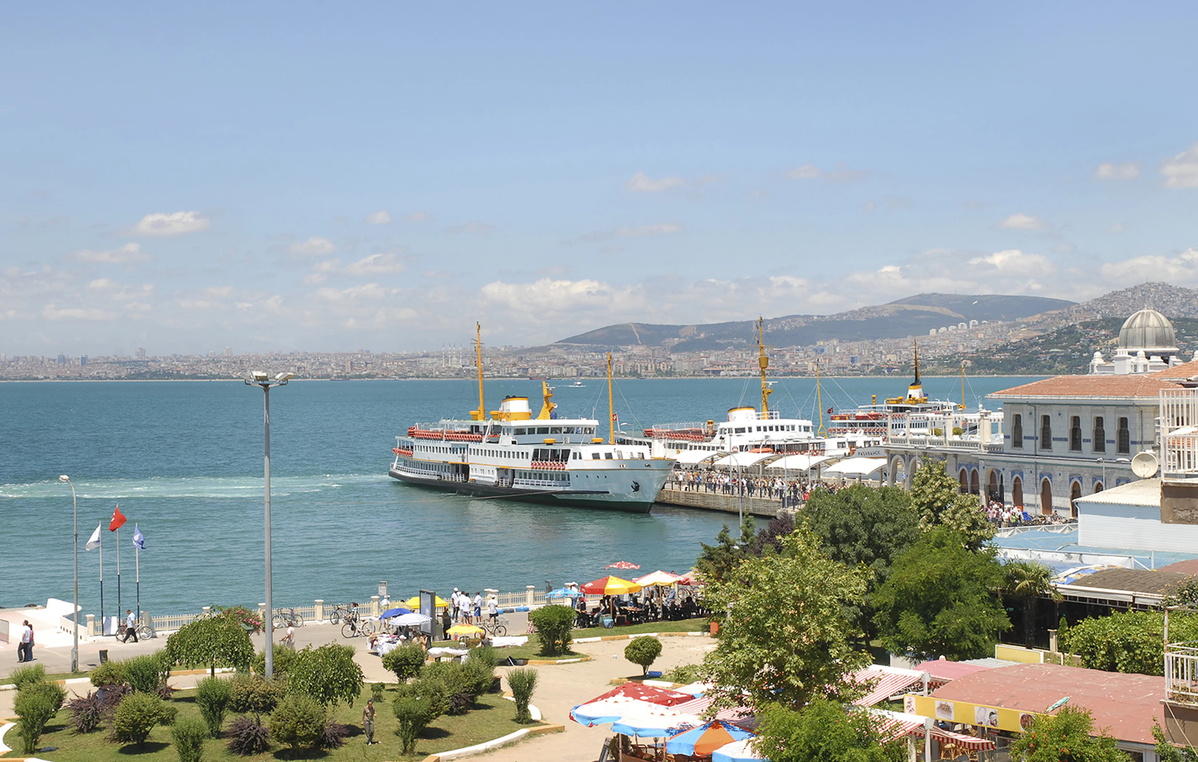 Ferry docked at Princes Island with cityscape in the background, Istanbul.
