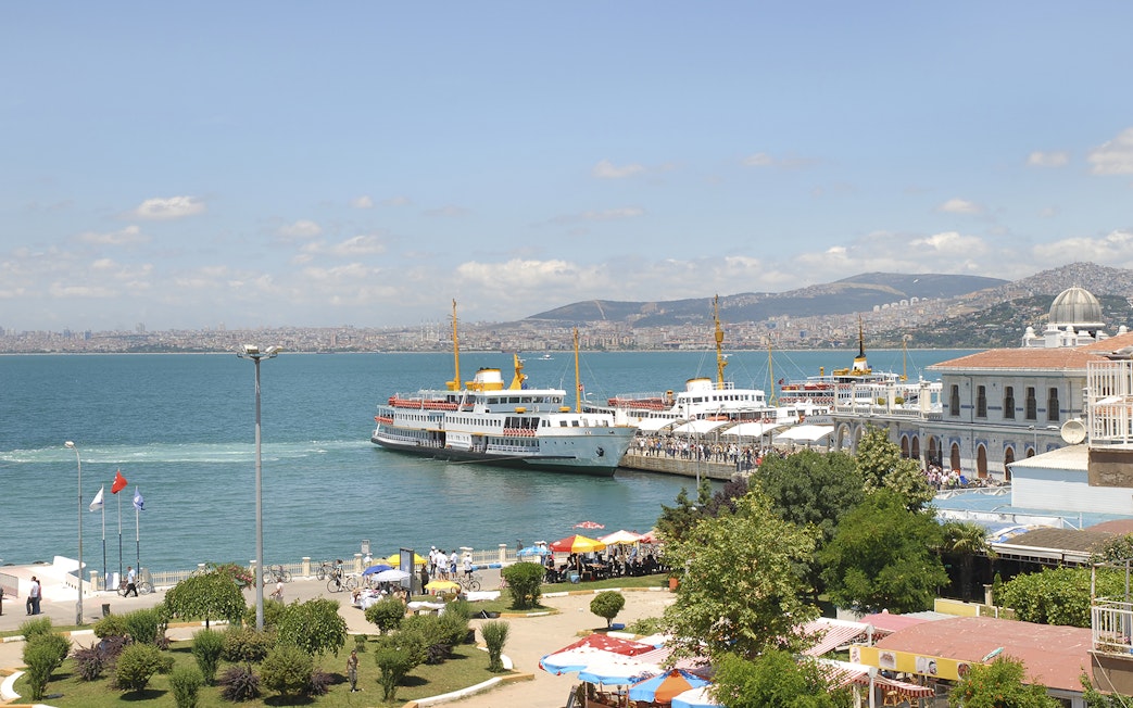 Ferry docked at Princes Island with cityscape in the background, Istanbul.