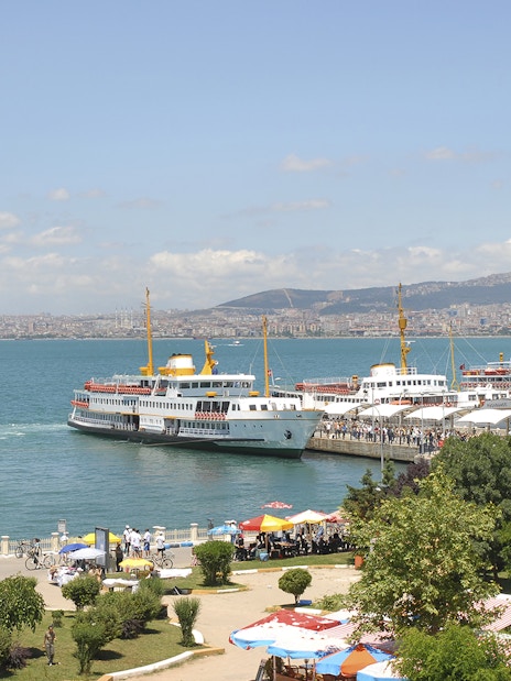 Ferry docked at Princes Island with cityscape in the background, Istanbul.
