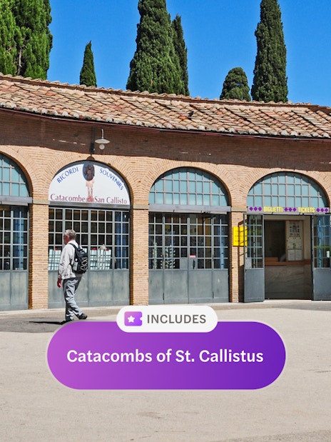 Entrance to Catacombs of San Callisto in Rome with visitors outside.