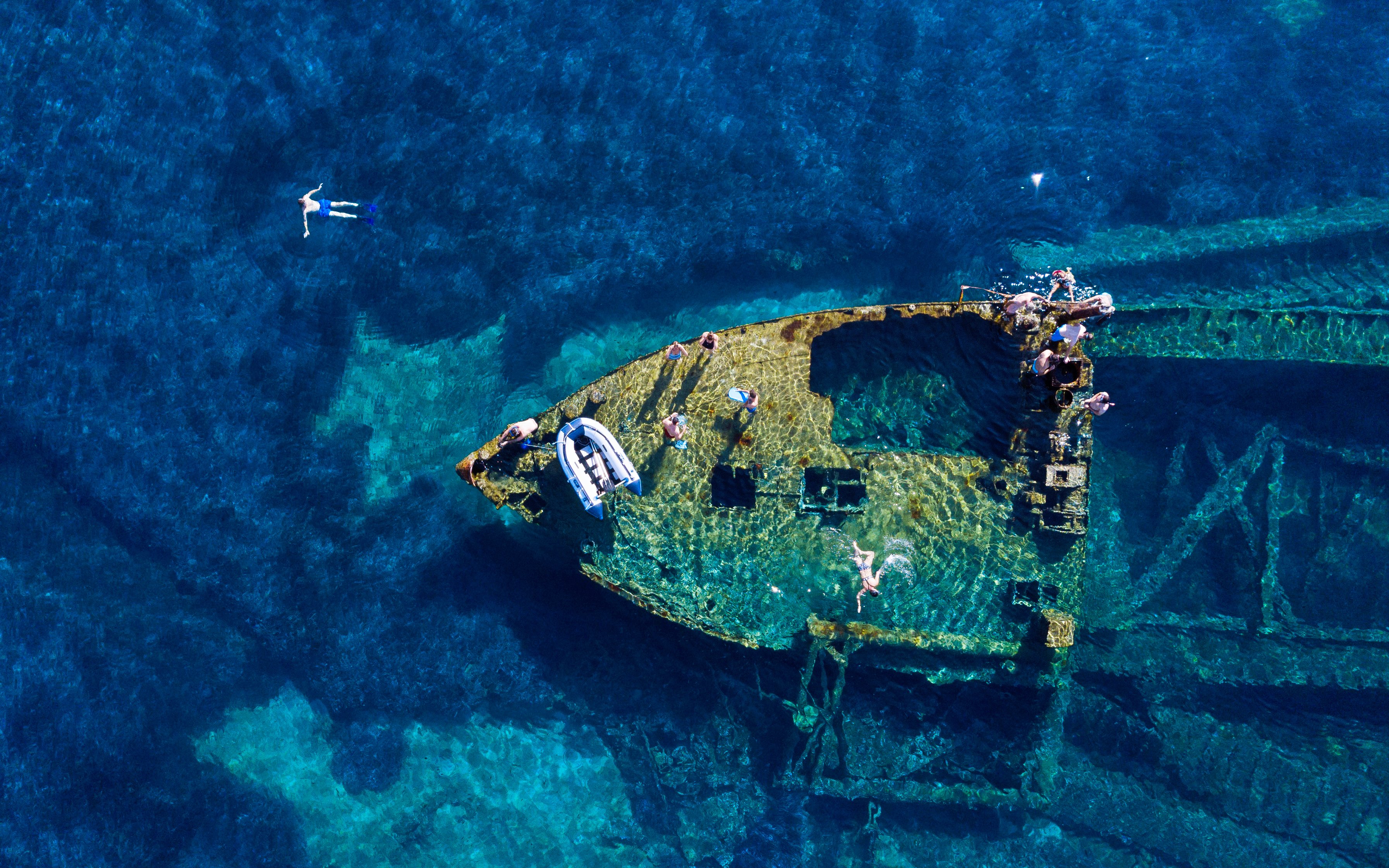 Swimming over the old wreck Michelle in the Adriatic Sea, Croatia.