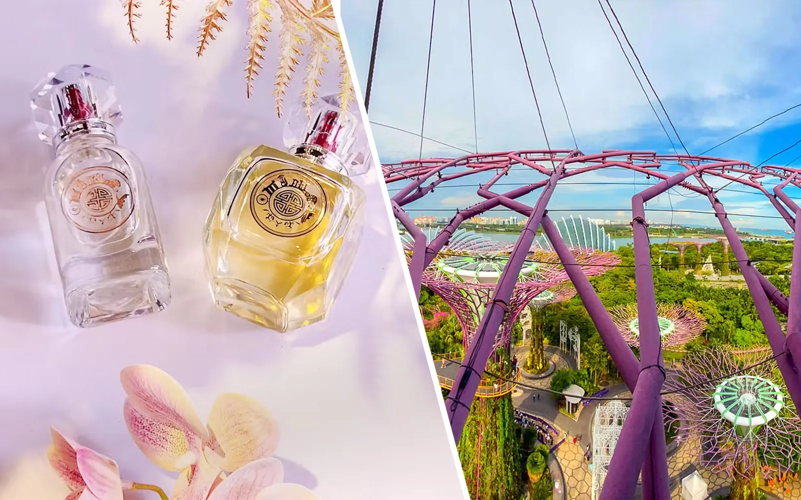 Perfume bottles with floral accents at Scentopia Sentosa, Singapore, with scenic view of Supertree Grove.