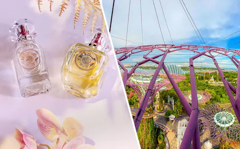 Perfume bottles with floral accents at Scentopia Sentosa, Singapore, with scenic view of Supertree Grove.