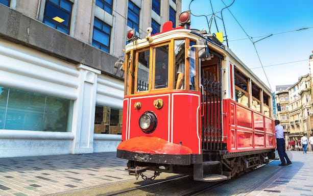 Historic red tram on a street in Istanbul, Turkey.