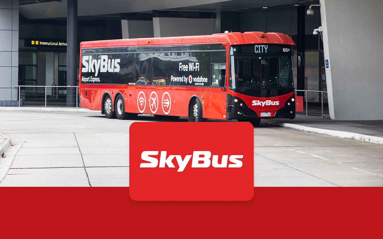 SkyBus at Melbourne Tullamarine Airport terminal entrance.