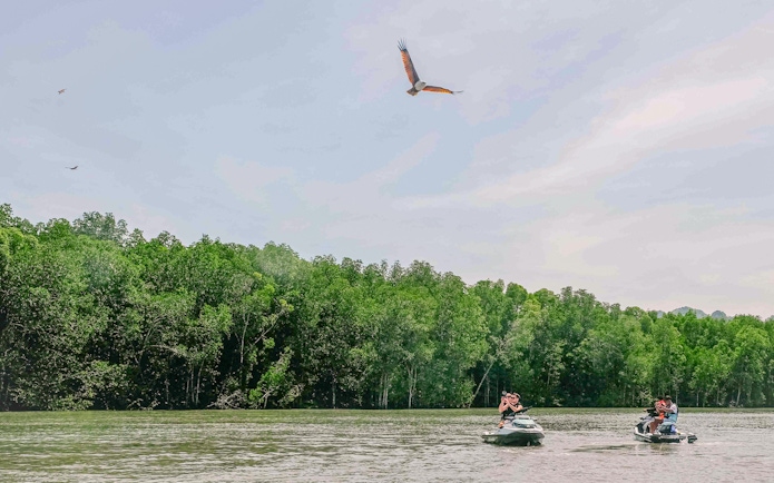 Jet skis on Langkawi's Kilim Geopark waters with eagles soaring above.