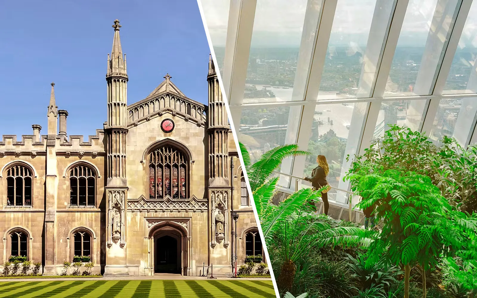 Oxford and Cambridge university architecture with a view from Sky Garden in London.