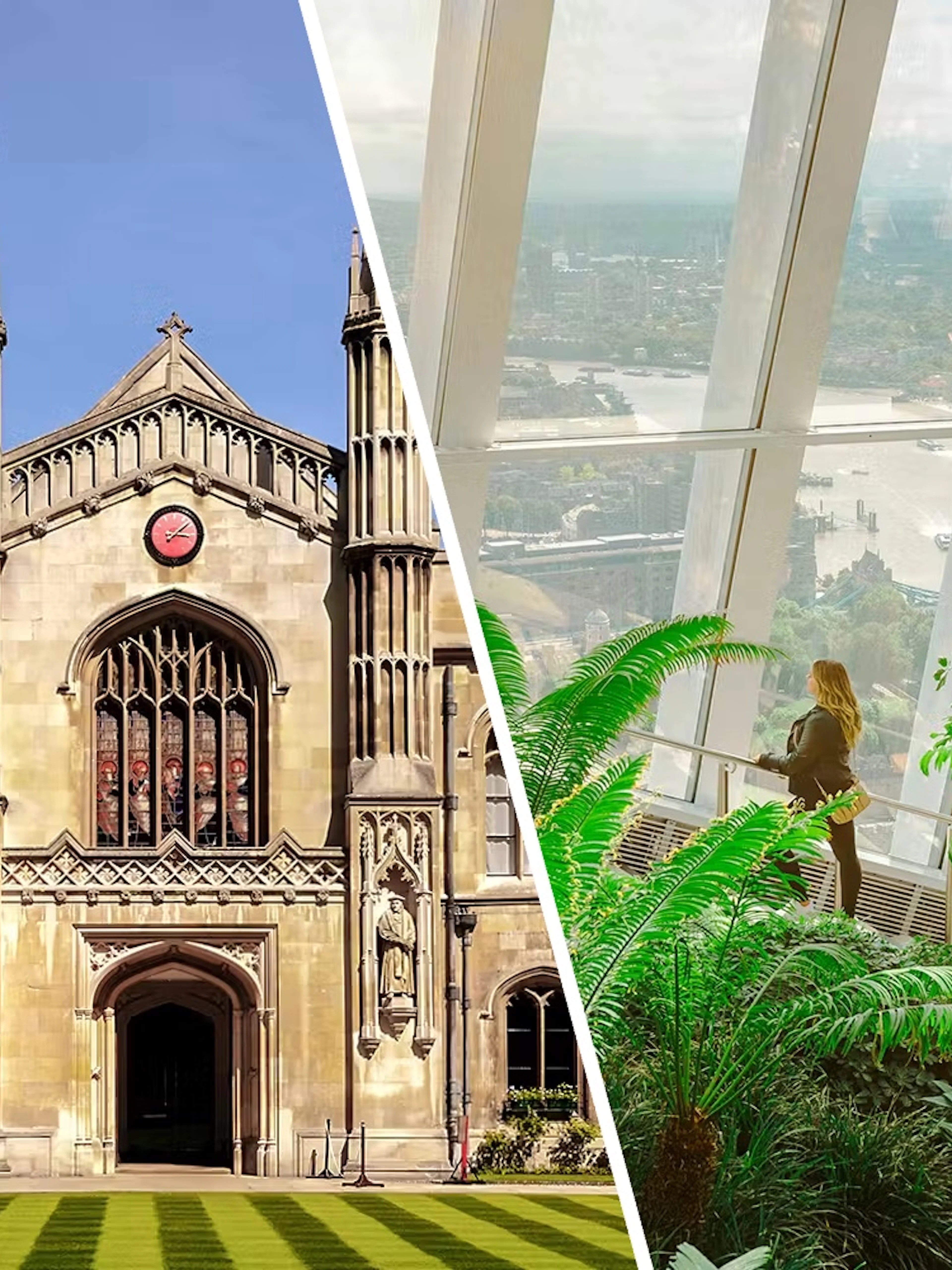 Oxford and Cambridge university architecture with a view from Sky Garden in London.