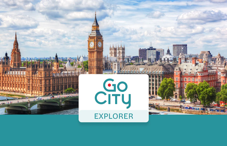 London skyline with Big Ben and Go City Explorer Pass logo.