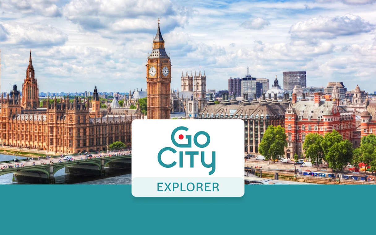 London skyline with Big Ben and Go City Explorer Pass logo.